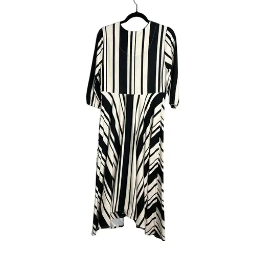 Soft Surroundings NWOT V-Neck Stripe Midi Dress Asymmetrical Hem Puff Sleeve PM