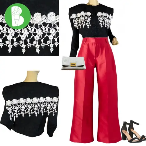 VINTAGE 1990'S IN THE MOOD BLACK BROCADE AND WHITE CROCHET LACE BLOUSE (14)