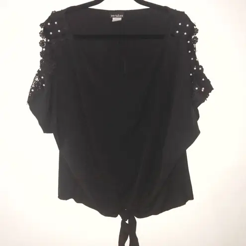 Zenobia Blouse Black Cold Shoulder Boutique Top w/ Pearls Sz 3X New Tie Front