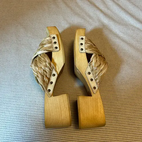 Seychelles Warm Waters Natural Raffia Wooden Platform Slide Sandals size 8.5