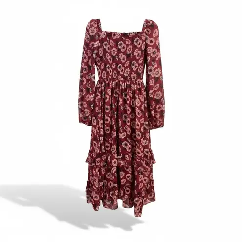 Teens Burgundy Floral Print Square Neck Long Sleeve Tiered Ruffle Midi Dress 16 Red