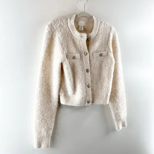 H&M  Bouclé Long Sleeve Pocket Button-Front Cardigan Sweater Cream Small thumbnail 6