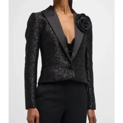 L'Agence Scarlet Black Sequin Cropped Blazer with Rose Pin Size 6