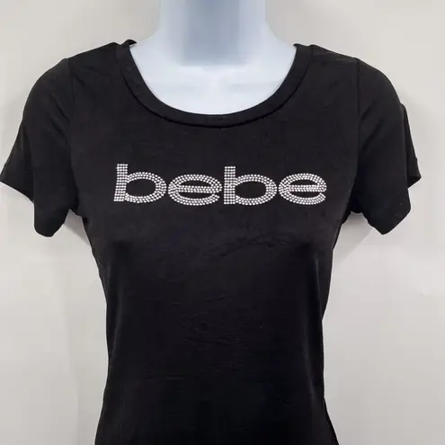 Bebe  Rhinestone Logo Embellished Shirt Top Y2K Studded Short Sleeve Silver 2000
