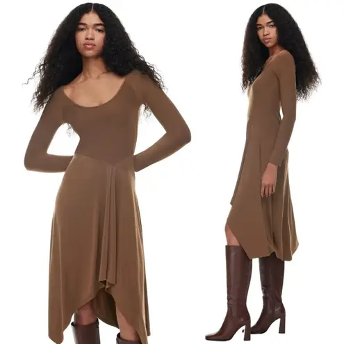 Wilfred Aritzia Nuage Asymmetrical Midi Dress Women's Small Brown Flowy Neutral