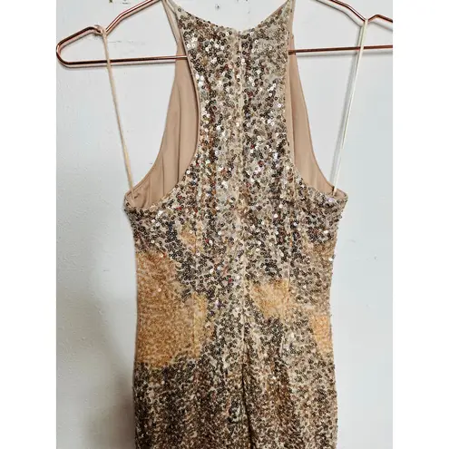 Badgley Mischka Gold High Neckline Sleeveless Sequin FLAWED Maxi Dress sz 2