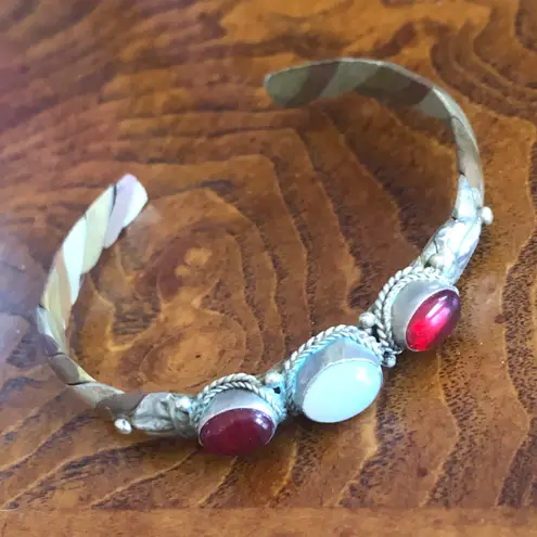 Ruby Vintage handcrafted genuine and opalite cabochon stone twist metal bracelet
