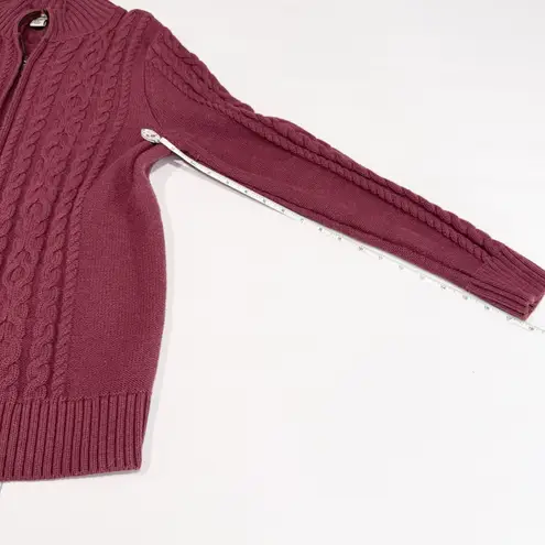 LL Bean Pink Double L Mixed Cable Full Zip Mock Neck Cotton Sweater Size LARGE
