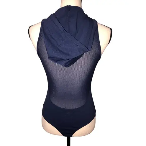 Gaiam Giaim Hooded Mesh Bodysuit Navy Blue S XS Sleeveless Active Workout Sheer Cool