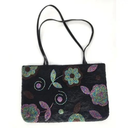 Black and Iridescent Beaded Floral Shoulder Bag