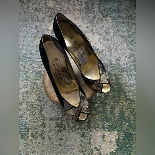 Vintage Bruno Magli black metallic snakeskin satin peep toe heels, size 8M