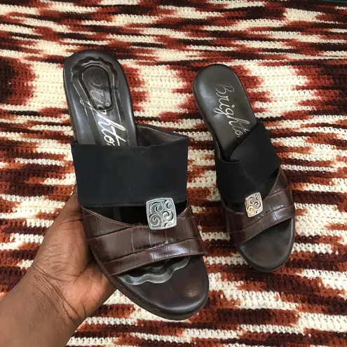 Bright Swimwear Brighton Black Brown leather silver accents high heel wedges mules sandals pump
