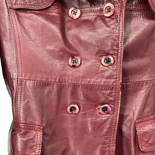 Etienne Aigner Vintage 100% Leather Double Breasted Oxblood Trench Coat Jacket