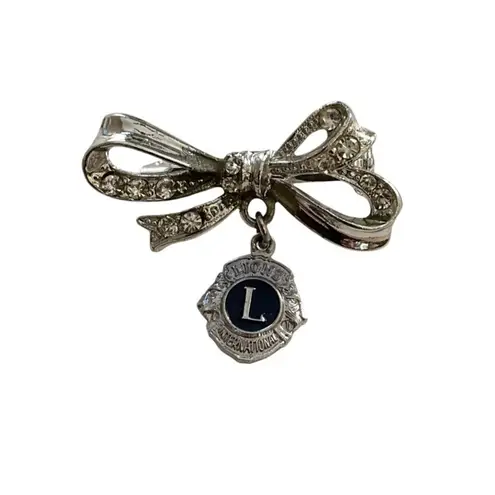 Vintage Rhinestone Lions Club International Bow Brooch Pin Silver