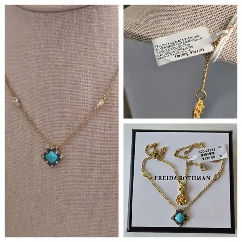 NWT Freida Rothman 14K Gold 925 Silver Turquoise Necklace With Cz Accents Blue