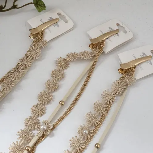 3 Boho Long Lace Leather Ribbon and Chain Hair Clip Gold