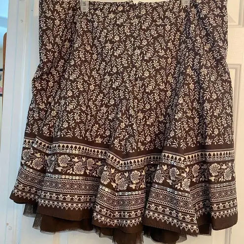 Apt. 9  Boho Floral Ruffle Cotton Swing Skirt Brown sz 16