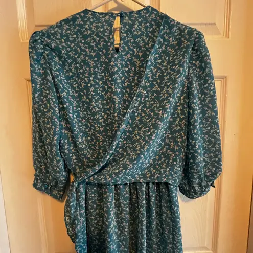 Vintage Alison Peters Petite Teal Floral Print Midi Dress Women's Size 10 Wrap Blue