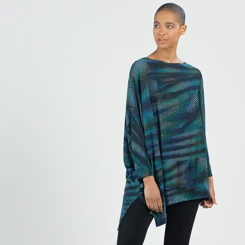 Clara Sun Woo Poncho Sleeve Sweater Tunic Size XL Peacock Stripe Lightweight Blue