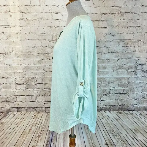 Como vintage  Womens Blouse Top Roll Tab Sleeve Button Stretch Mint Green Size XL