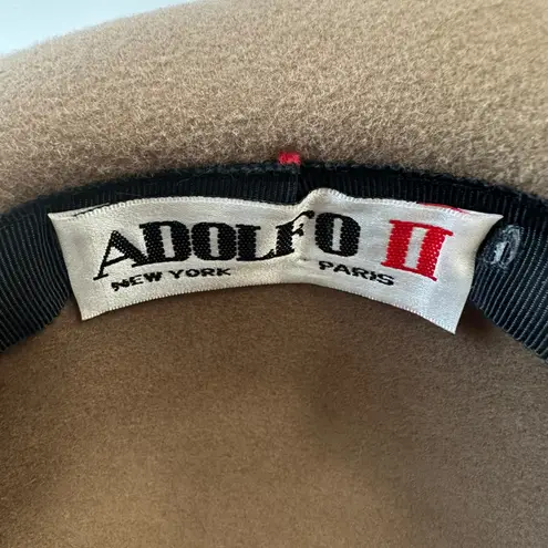 Vintage Adolfo II Feather Bow 100% Wool Hat Derby Dress Occasion Made In USA Tan