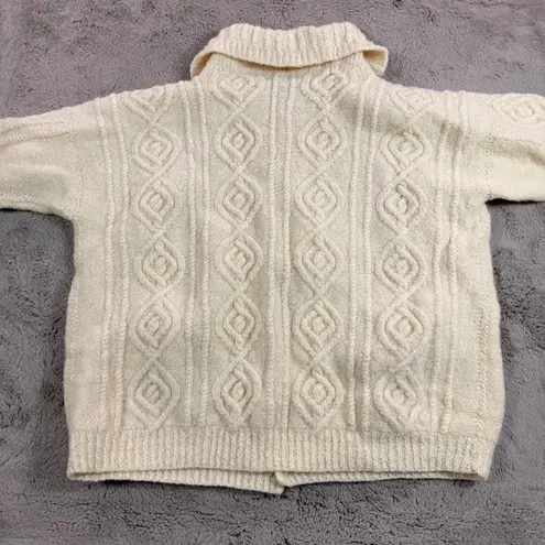 Hand Knit Wool Cable Knit Cardigan L Sweater Cleo Ireland Cream Fisherman Chunky Size L