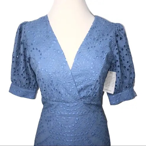 IORANE Laise Lace Midi Dress Blue Eyelet Tiered Ruffle Short Sleeve Dress Small