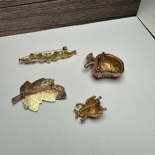 Green Leaf, Red Apple, Ladybug Bug, Flower Bar Enamel Brooch Pin Lot Of 4 Gold