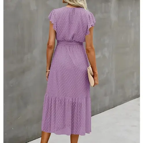 FASHION Midi Tiered Swiss Dot Dress Lilac Lavender Purple Faux Wrap Work NO BELT Size XL