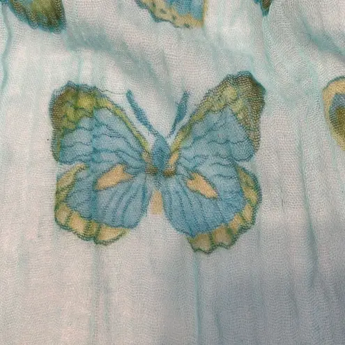 D&Y turquoise/green oblong fringed butterfly print scarf approx 23x72 EUC