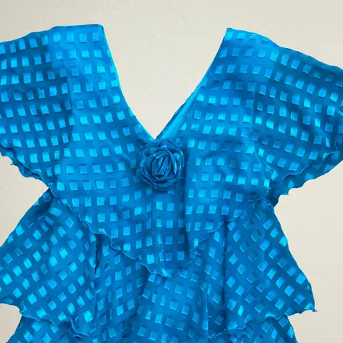 Vintage 1980s blue tiered dress rose ruffle flutter sleeve Ann Hobbs for Cattiva Size 12