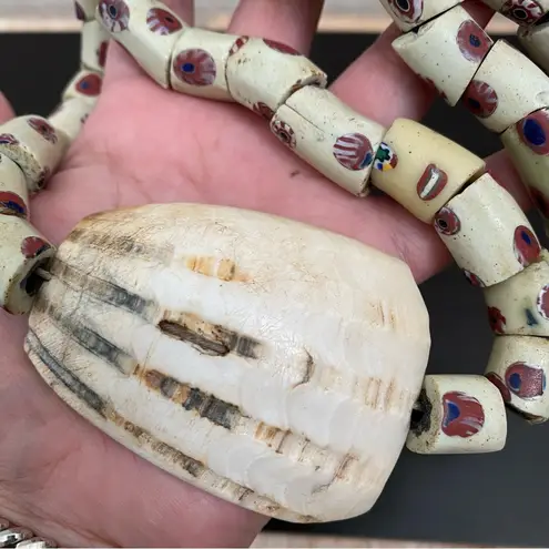 African Venetian Antique Bear Paw Evil Eye Millefiori Glass Trade Beads Necklace