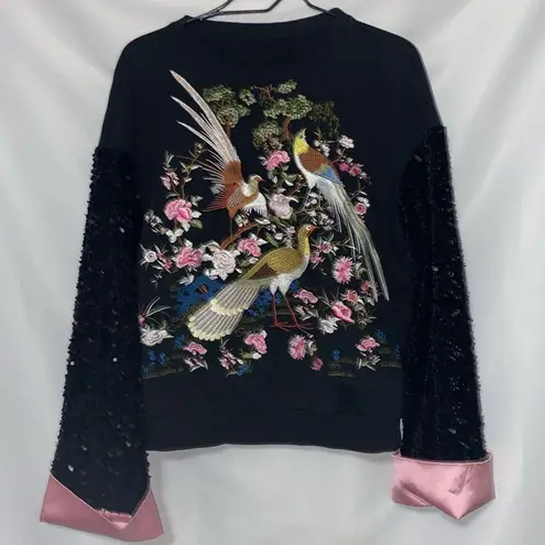Embroidered Bird and Floral Sweatshirt LONG BLACK SEQUINED SLEEVES Pink Cuffs Size XL