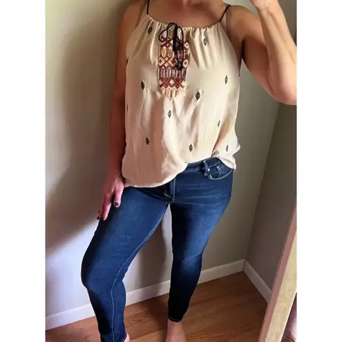Esley Embroidered Tan Aztec Style Womens Sleeveless Top, Size Large