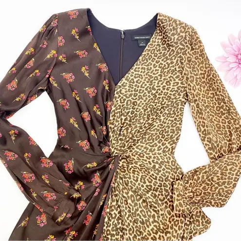 Something Navy Twist Front Long Sleeve Double Printed Midi Dress Leopard Floral