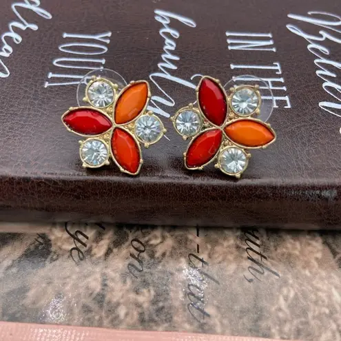 Vintage Red Orange Coral Floral Gold Tone Crystal Rhinestone Stud Earrings