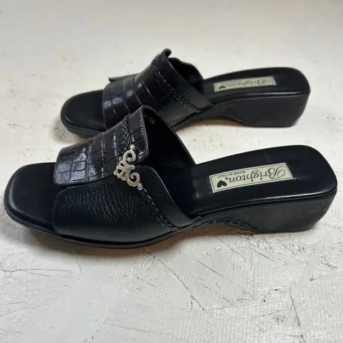 Brighton  Women Black Leather Crocodile Embossed Slide Mules Sandals Heels 8.5