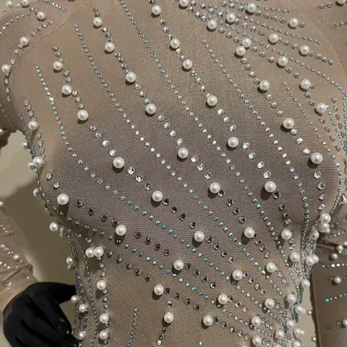 Rhinestones mini dress long sleeve pearl dress mock neck dress fringe feathers dress Sequin Dress Tan