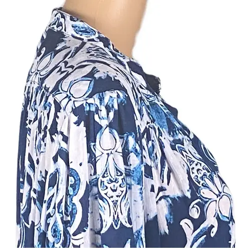 Haute Hippie shades of blue and white abstract Boho button down blouse Medium