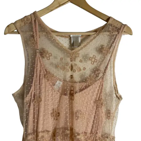 Sundance Nude Embroidered Chiffon Mesh Swiss Dot Slip Midi Dress Size Medium