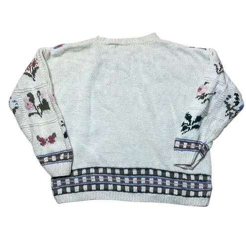 90s Vintage The Weathervane Floral Butterfly Patterned Knit Sweater Cream Large