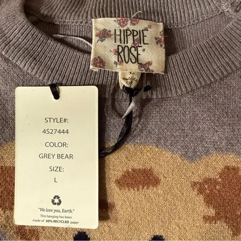 Hippie Rose NWT  Gray Cable-Knit Cropped Sweater w Cute Brown Bear Graphic- Large