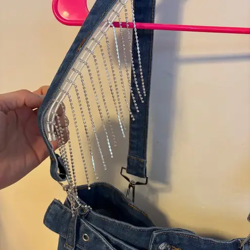 Amazon Rhinestone Tassel Cut Off Frayed High Waisted Festival Denim Shorts Blue Size L