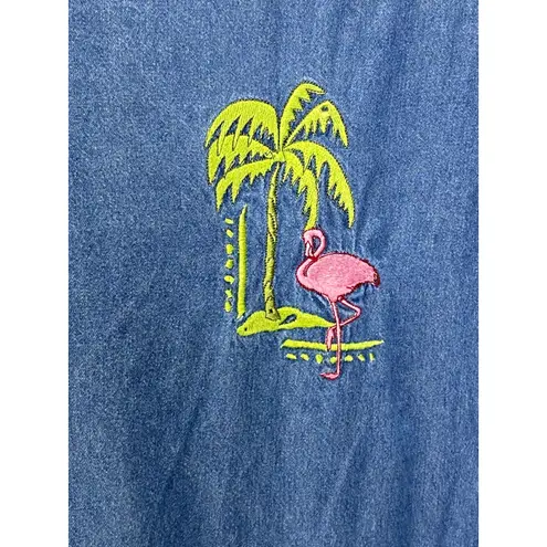 Blair Denim Embroidered Flamingo Palm Tree Dress XL Blue Cotton Vacation Coastal