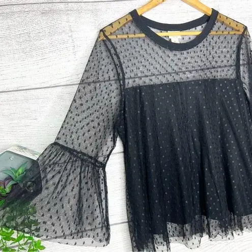 Mossimo Black Sheer Polka Dot Bell Sleeve Flowy Top Size XL