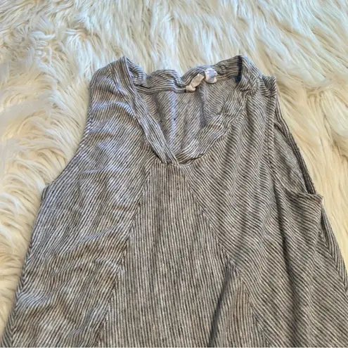 Sigrid Olsen V-Neck Linen Tank Top White Blue Stripes