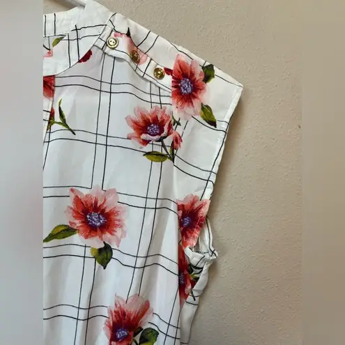 Sweet Rain Women’s White Pink Floral Checker Print Short Sleeve Mini Dress Small