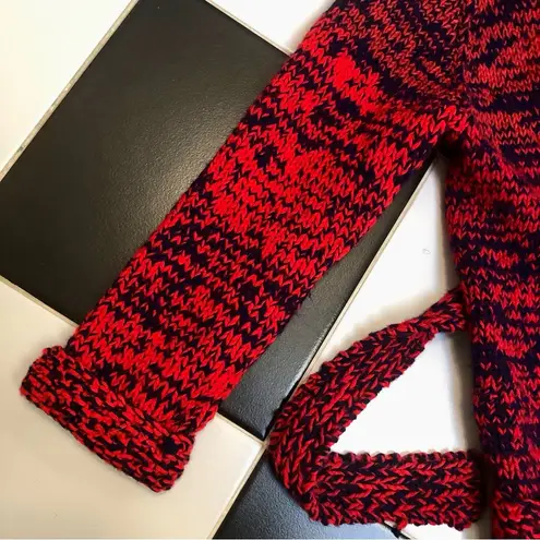 Vintage Handmade Belted Open Sweater Duster Hand Knit Red Orange Navy Crochet ~M Size M