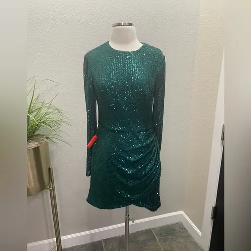 Mac Duggal NWT 11291 Short Sheath Dress Long Sleeve Sequins Ruched Emerald Sz 8