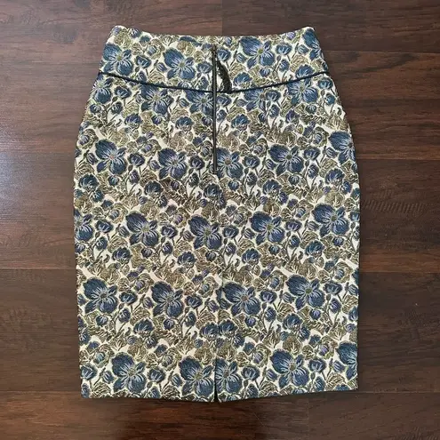 Magaschoni Collection blue gold & cream floral pencil skirt size 8